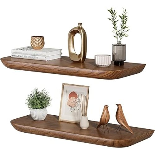 Solid Walnut Floating Shelves for Wall 16.5 Inch Set of 2, Round Edge Wall Mounted Shelf,Rustic Farmhouse Wooden Floating Shelf,Wood Wall Shelf for Bathroom Living Room,Bedroom,Kitchen