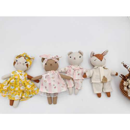 COMBO SET pocket teddy bear doll, cat doll, fawn doll with extra outfits, Handmade mini dolls for dollhouse, Tiny doll for decorating