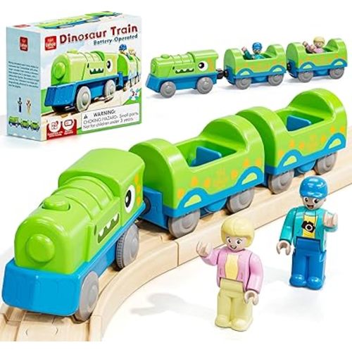 Lehoo Castle Dinosaur Battery Powered Train for Toddlers, Motorized Train Toy with Figures, Wooden Track Compatible Train, Fits Thomas Brio Melissa Tracks, Kids Train Toy, Ages 3+(Track NOT Included)