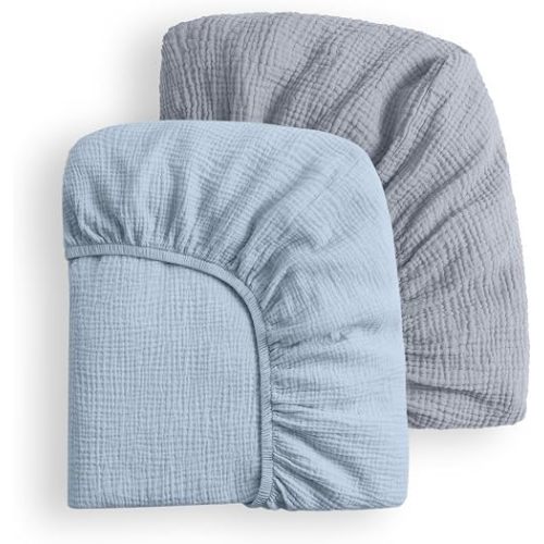 Blissful Diary Muslin Pack n Play Sheets, 2 Pack, Light Blue & Grey