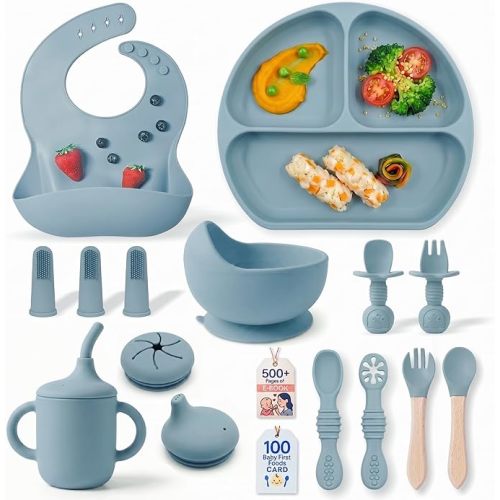 Remonda 17-Piece BPA-Free Baby Silicone Feeding Set | Extra Large Suction Plates, Toddler Bowls, Self Feeding Spoons, and More | Dishwasher Safe| Infant Led Weaning Supplies(Green)