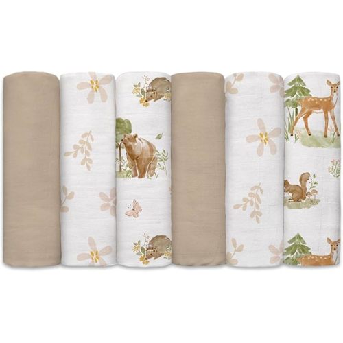 GLLQUEN BABY Receiving Blanket Boy Cotton Muslin Swaddle Blankets Girl Newborn Squares Breathable & Soft Thin Baby Blankets Cloths Double Absorbent Infant Swaddling Wrap - 6 Pack (Deer & Soft Light)