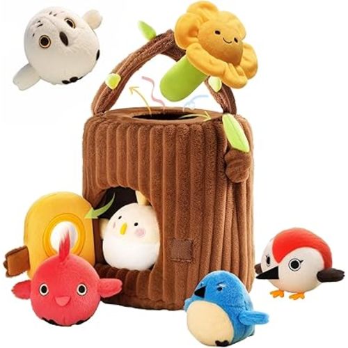 Evoceler Surprise Tree Stump with Birds, Rattle, Crinkle Paper,Squeaker & Mirror | Soft Montessori Toys for 6 Month Old Babies | Sensory Toddlers 1-3, 1 Year Old Boy Girl Gifts, Baby Toys 6-12 Months