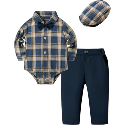 Baby Boy Clothes Baby Suits Set Infant Boys Outfits Long Sleeve Plaid Shirt+Pants+Bowtie+Beret Hat 4Pcs