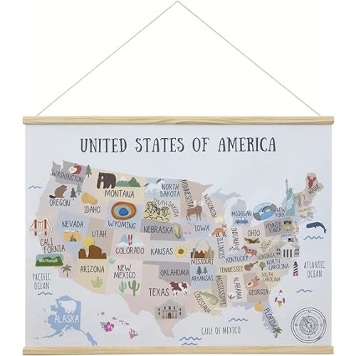 Bon et Beau Extra Large USA Map for Kids Room Wall Decor — Embroidered 32x24 Canvas United States Map Wall Hanging with Wood Hanger, Neutral Nursery & Playroom Decor for Boys & Girls