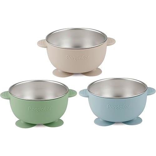 PandaEar 3 Pack Stainless Steel Baby Bowls with Suction, Non-Slip Toddler Bowls with Silicone Sleeve for Kids Infants Children, Unbreakable & Mess Free