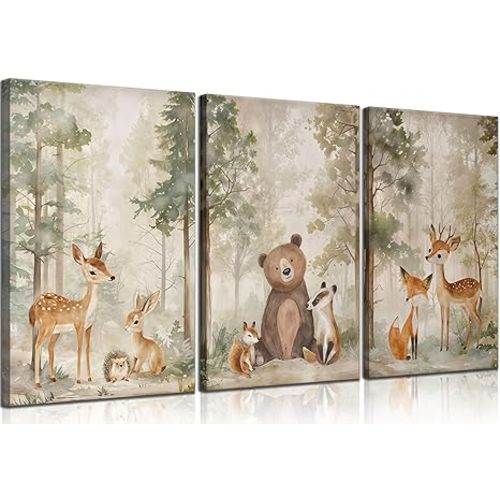 MIZILI 3Pcs Woodland Animal Nursery Canvas wall art Wild Animals Forest Paintings Pictures Wall Decor Fox Bear Deer Watercolor Poster Printing Artwork for Boys Room Girls Room Home Decoration