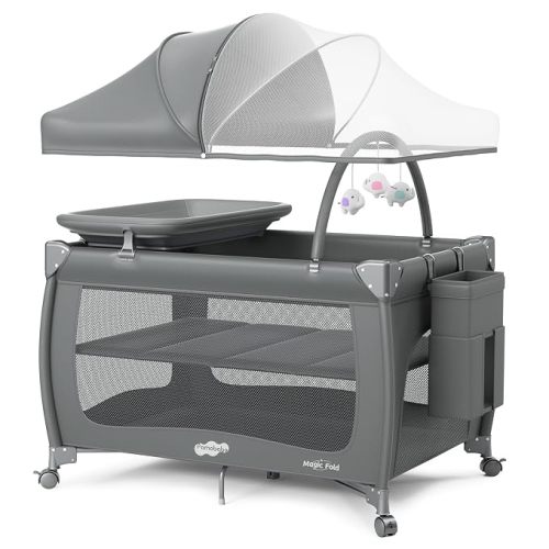 Pamo Babe Pack and Play with Bassinet, One-Step Setup Portable Baby Playpen