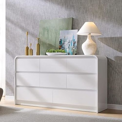 Modern 8 Drawers Dresser for Bedroom, 55" Wide Dressers & Chest of Drawers w/Curved Profile Design, Wood Mid Century Storage Dressers Organizer for Bedroom, Living Room, White