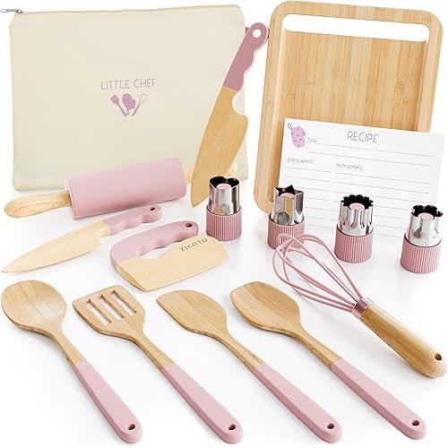 Wooden Cooking & Baking Set for Kids - Safe & Real Kitchen Tools Give Toddlers a Fun Cooking Experience - Durable Utensils are Perfect for Gifting to Create Lasting Family Memories