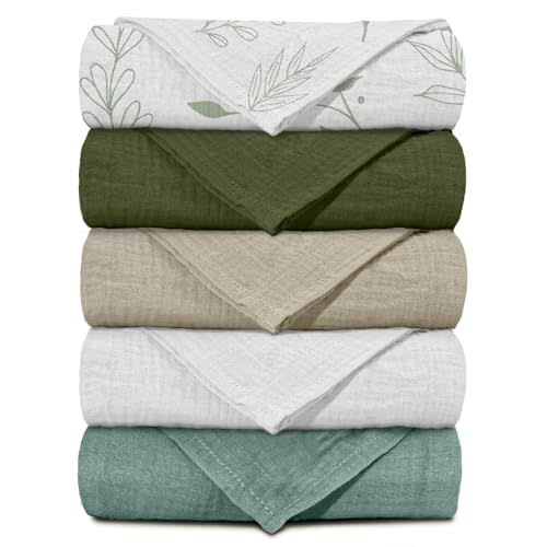 Muslin Receiving Blankets, Neutral Blanket Swaddling for Newborn Boys and Girls, 5 Pack Breathable and Skin-Friendly Swaddle Wrap for Infant Baby (Bright Leaves)