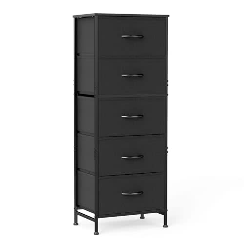 Sweetcrispy Black Storage Drawer Bedroom Dresser, Tall Dresser for Closet | Chest of 5 Drawers for Home Storage with Fabric Bins, Narrow Nightstand, Durable Clothes Oragnizer