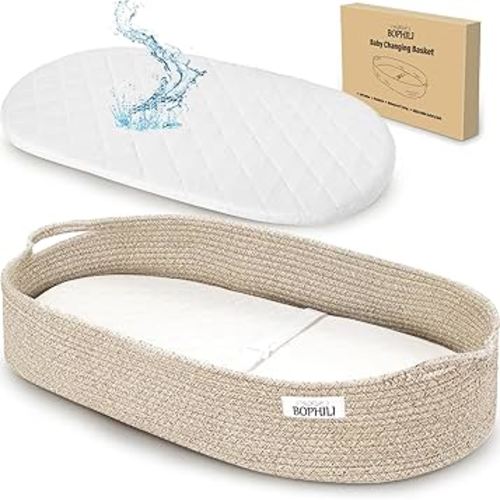 Baby Changing Basket w/Foldable Baby Changing Pad and Waterpoof Cover, Premium Handmade Cotton Rope Reinforced Moses Baskets Changing Table Topper, Built-in Security Strap (Warm Brown)