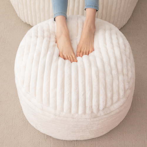 BYBYME Round Ottoman,Plush Striped Footrest,A Modern Foam Stuffed Poof Perfect to Rest Your Feet,20x15,Suitable for Living Rooms,Beige