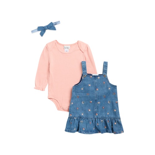 3-Piece Denim Jumper, Bodysuit & Headband Set