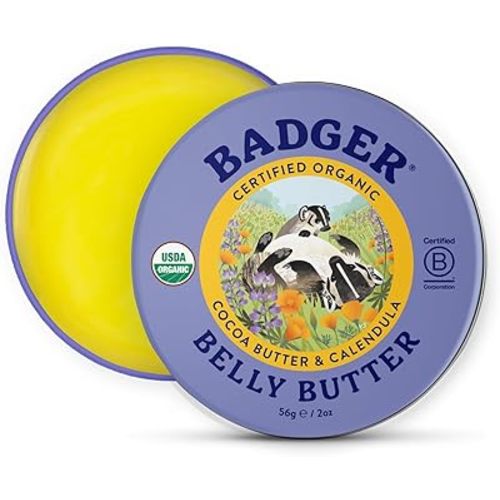 Badger Belly Butter, Organic Stretch Mark Cream for Pregnant Belly, Rich Hypoallergenic Moisturizing Organic Cocoa Butter & Coconut Body Butter for Women, 2 oz Tin