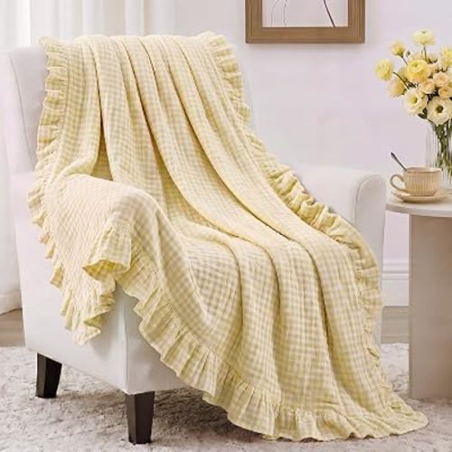 100% Cotton Yellow Gingham Muslin Throw Blanket with All-around Ruffles 6-layer Breathable Muslin Blankets for Adults 50" x 60" Soft Lightweight Cotton Throw Blanket Decorative for Bed Couch