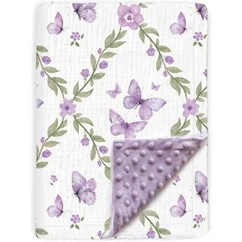 Muslin Baby Blankets for Unisex Boys Girls, Super Soft Nursery Minky Blankets with Muslin Cotton Front and Dotted Fleece Backing for Infant Toddler, 30 x 40 inch (Floral Butterfly)