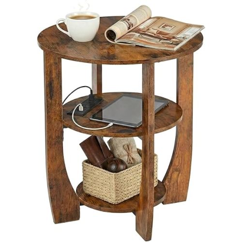 Round Side Table with Charging Station,3 Tier End Table with USB Ports & Outlets,19.7" Nightstand for Bedroom,Living Room,Small Spaces,Rustic Brown Wood Look Accent Table
