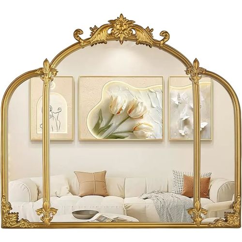 24"x22" Gold Arch Wall Mirror, Vintage Ornate Baroque Mirror with Metal Frame, Decorative Vanity Mirror for Dresser, Bedroom, Bathroom, Fireplace, Entryway, Hallway