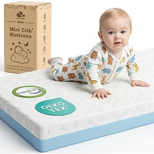 Dual Sided Pack and Play Mattress, 3 Inch Thick Soft & Firm Memory Foam Breathable Portable Pack n Play Mattresses, 4 in1 Baby Playpen Mattresses with Removable Washable Cover - 38x26x3 Inch