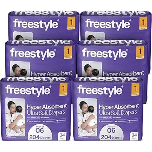 Freestyle BambooTek Diapers - (Size 1) Hyper Absorbent & Non-Toxic – Disposable Diapers for Sensitive Skin – Ultra Soft Diapers (8-14 lbs) – 204 Count