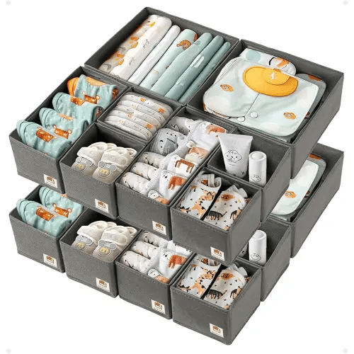 16 Pack Drawer Organizer for Baby Clothes, Nursery Drawer Organizer for Baby Diaper, Collapsible Deep Fabric Drawer Organizer with Zipper for Socks, Bra, Towels, Ties, Grey