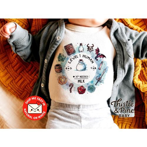 Level 1 Human DND Baby Onesie® – RPG Gamer Baby Bodysuit, Nerdy Newborn Outfit, Dungeon Master Baby Gift, Fantasy Baby Clothes
