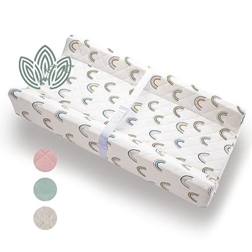 Organic Cotton Contoured Baby Changing Pad w/Waterproof Foam Mattress, Includes Soft, Removable & Washable Cover, Safety Strap, Non-Slip Bottom, Topper for Standard Size Infant Diaper Table & Dresser