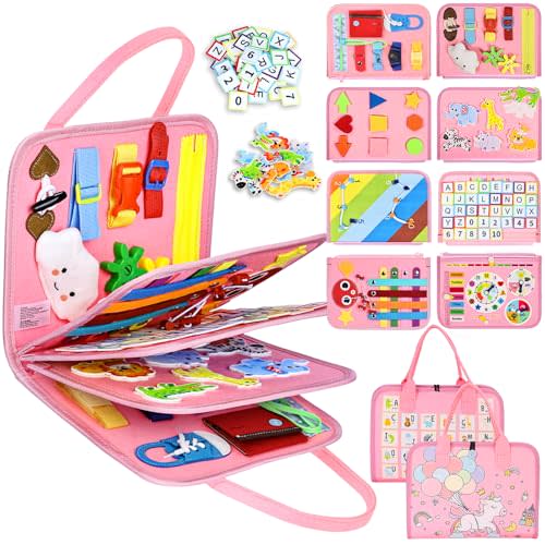 Esjay Busy Board Montessori Toys for Girls, Sensory Book Educational Activities for Learning Fine Motor Skills, Birthday Gifts for Girls, Travel Toys for Airplane Car, Pink Multipages