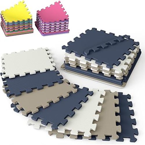16 Tiles with Borders | 12" x 12" Baby Play Mat Foam Puzzle Floor Tiles | Non-Toxic Soft Waterproof Interlocking EVA Playmat for Nursery Playroom Playpen Toddler Tummy Mat (Blue, Brown & White, 16)