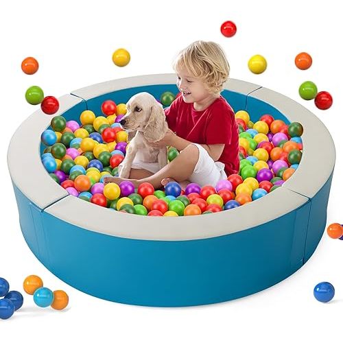 HONEY JOY Foam Ball Pit, 44.5” x 10” Large PU Leather Ball Pool with 50 Ocean Balls, Indoor Outdoor Baby Crawl Playpen, Dog Play Pit, Round Playhouse Ball Pit for Toddlers, Gift for Boys Girls (Blue)