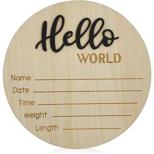 Baby Announcement Sign, 5.9 Inch Round Wooden Name Sign, Newborn Welcome Baby Sign with Hello World Newborn Sign for Newborn Photo Props Hospital Nursery Baby Shower (Black)