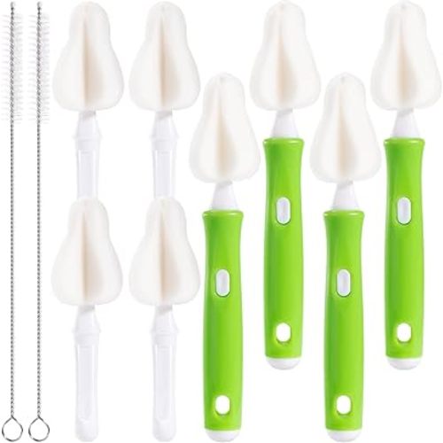 10 Pcs Sponge Bottle Nipple Brushes,4 Sponge Nipple Brushes for Baby Bottles, 4 Replacement Heads and 2 Pcs 7.87" Straws for Cleaning,Green