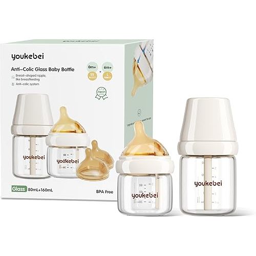 Natural Nursing Glass Baby Bottle - with Anti-Colic Vent System - BPA-Free, 5 oz and 8 oz with Slow Flow(S) & Medium Flow (M) Nipple, 3 Months+, 2 Pack