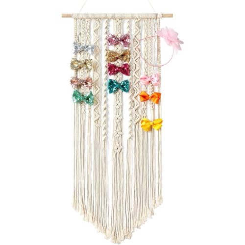 Mkono Macrame Bow Holder Hanging Hair Bow Organizer for Girls Hair Bows,Boho Wall Hair Clips Headband Storage Hanger for Baby Toddler Girls Room, Ivory (Clips and Other Props Not Included)