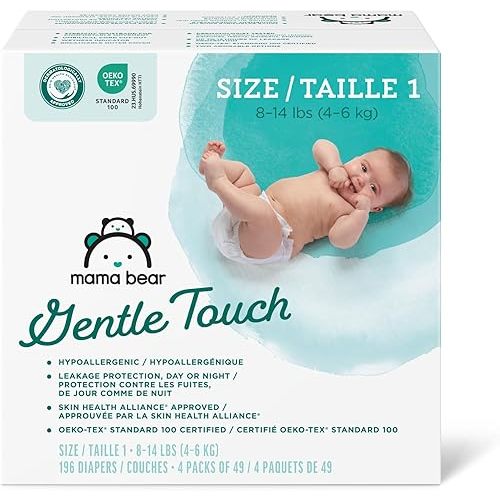 Amazon Brand - Mama Bear Gentle Touch Diapers, Hypoallergenic, Size 1, 196 Count (4 packs of 49), White