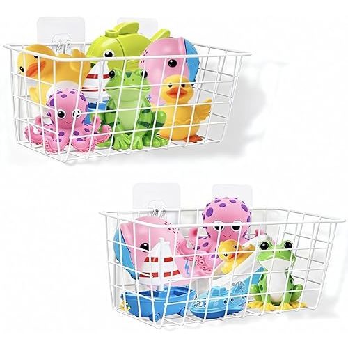 Hanging Bath Toy Storage Basket - 2 Pack Metal Bath Toy Holder with Hooks - Bathtub Toy Storage Organizer for Bath Shower Bathroom(White)
