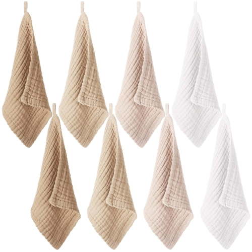 Lsupdaol 8 Pcs Baby Washcloths for Newborn 12 x 12 Inch Muslin Face Towels Cotton Absorbent for Delicate Skin Soft Muslin Cloth Reusable Baby Registry as Shower Gift, 4 Colors (Light Color)