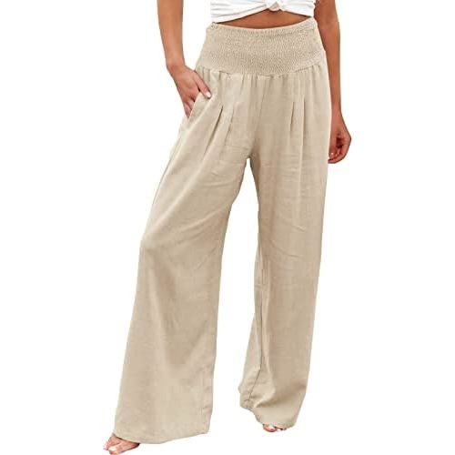 Flowy Linen Pants for Women Summer Casual Smocked High Waisted Wide Leg Beach Palazzo Pants Lounge Pants Trousers