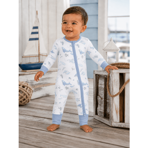 2-Way Zip Romper, Watercolor Blue Whales