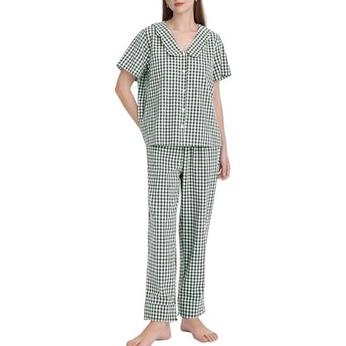 Kissonic Womens Gingham Pajama Set Valentines Day Pjs Cute Cotton Ruffle Pajamas Sleepwear Lounge Set