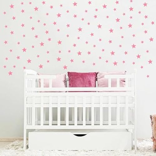 Wall Decals Baby Pink Stars for Kids Room, 3-4-5centimeter Mix 112 Pcs, Easy to Peel Easy to Stick, Safe On Walls and Paint, Vinyl Decor by Bugybagy. (Matte Baby Pink)