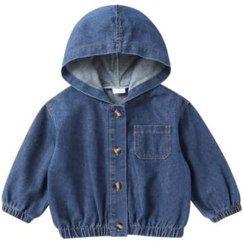 12-18 MONTHS - Happy Town Toddler Jean Jacket with Hood Denim Outerwear for Girls and Boys | Toddler denim jacket with hood, button closure and jean style for girls and boys, Dark Blue, 12-18M