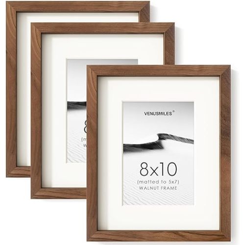 8x10 Picture Frame Set of 3, USA-Sourced Natural Walnut Wood Photo Collage Frame with HD Tempered Glass, Modern Simple 8 x 10 Wooden Frame Matted to 5x7 Gallery Frames for Art Wall or Tabletop Display