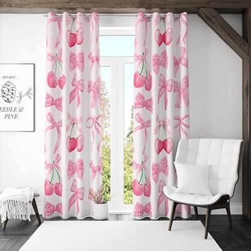 Preppy Pink Cherry Bows Curtains Princess Curtains for Girls Bedroom Coquette Decor Bow Themed Room Decor Each 2 Panels Sheer Curtain Girls Room for Bedroom Children Nursery Room 84"x63"