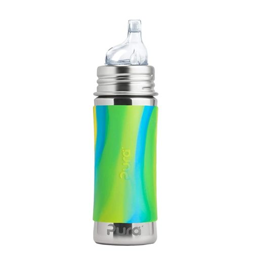 Pura Kiki 11oz/325ml Stainless Steel Sippy Cup Bottle w/Sleeve, Plastic-Free MadeSafe Certified, Medical-Grade XL Silicone Sipper Spout Fast Flow Rate for Kids, Toddlers, Babies & Infant - Aqua Swirl