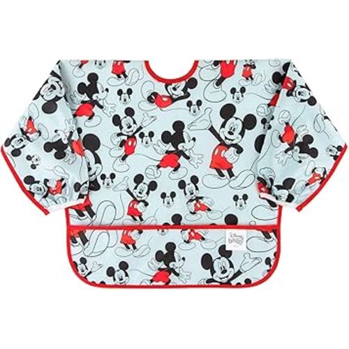 Bumkins Disney Bibs, Baby and Toddler Girls and Boys 6-24 Months, Long Sleeve, Essential Must Have for Eating, Feeding, Mess Saving Lightweight Waterproof Fabric Sleeved Smock, Mickey Mouse Classic