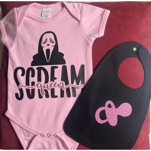 scream queen baby girl ghost face onsie and bib set