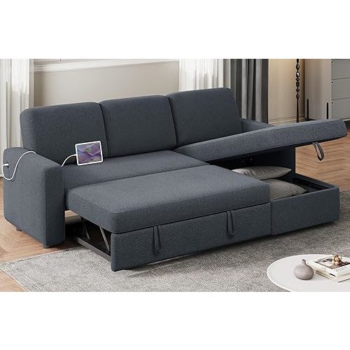 Yaheetech Sectional Sofa L-Shaped Sofa Couch Bed w/Chaise & USB, Reversible Couch Sleeper w/Pull Out Bed & Storage Space Living Room Dark Gray